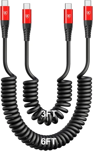 Vista 9 de Cable USB C a C de 3 pies, paquete de 2 cables de carga USB C en espiral para automóvil tipo C, cable de carga rápida para iPhone