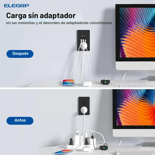 Vista 6 de ELEGRP Tomacorrientes USB, toma de pared de 3 puertos, toma eléctrica de 30 W 6.0 A resistente a manipulaciones, toma de corriente de 15 amperios
