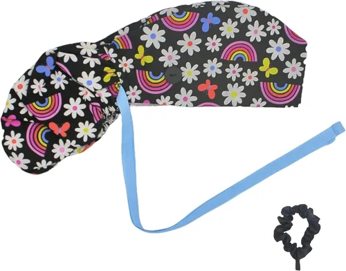 Vista 26 de Gorra médica con interior sedoso, gorro de algodón con banda para el sudor y botones, cola de caballo ajustable