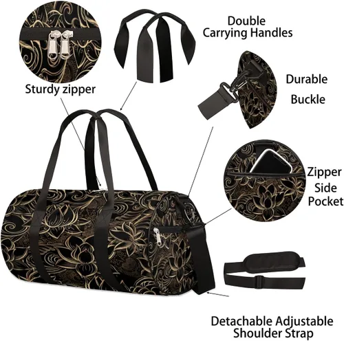 Vista 6 de Bolsa de lona con correa de hombro desmontable, lujosa bolsa de gimnasio deportiva de flor de loto para estudiantes, bolsa deportiva de 17.6 x 9 x 9