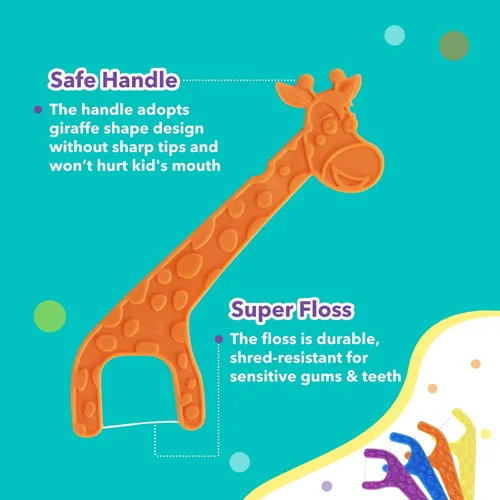 Vista 6 de Lakeyface 300 unidades de hilo dental para niños, lindas púas de hilo dental de jirafa para niños, sin flúor, sin BPA, hilo dental sin sabor, 4