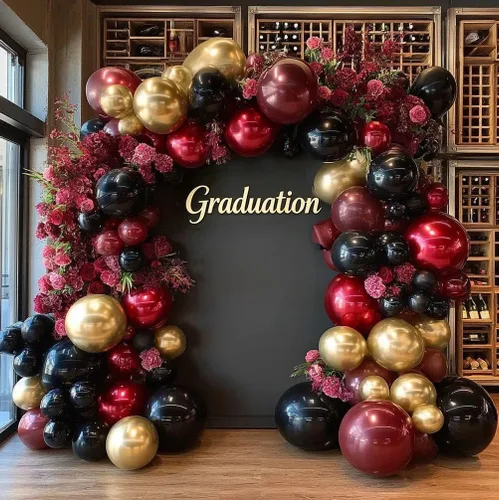 Vista 7 de Guirnalda de globos de color burdeos y negro con doble relleno, color rojo oscuro, dorado, granate y negro, kit de arco de globos para cumpleaños