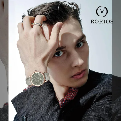 Vista 2 de RORIOS Reloj cronógrafo para hombre con correa de cuero, analógico, de cuarzo, para negocios, impermeable, para hombre