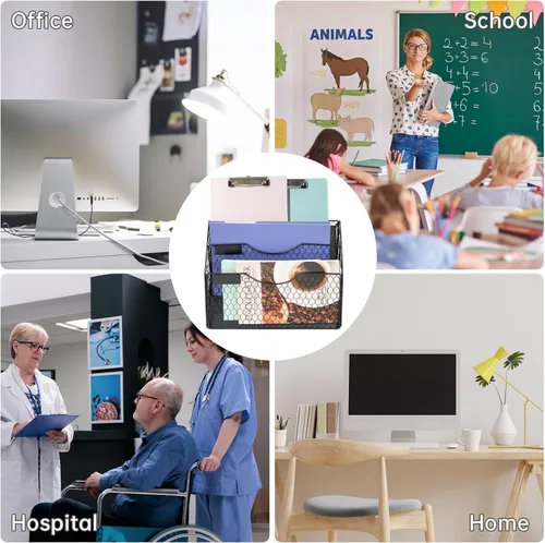 Vista 7 de Organizador magnético de archivos de 3 bolsillos para oficina y hogar, cargador vertical y soporte de correo con montaje sin taladrar para pared