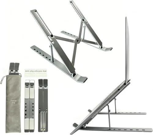 Vista 13 de Soporte para computadora portátil de escritorio, soporte para iPad, aleación de aluminio, plegable portátil, 7 niveles ajustables, ergonómico