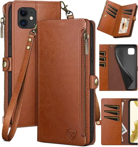 Vista 9 de XcaseBar Funda tipo cartera compatible con iPhone 11 de 6.1 pulgadas con cremallera y tarjetero de crédito con bloqueo RFID, funda de piel sintética