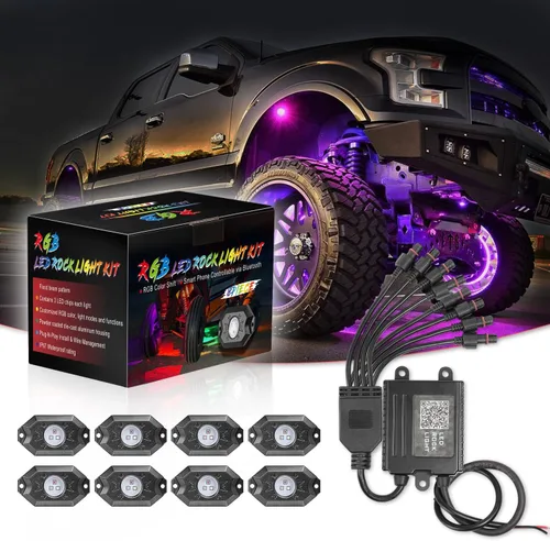 Vista 10 de SWATOW - Juego de luces de neón de 4 x 4 pulgadas, luces de roca RGB LED, luces subterráneas con control Bluetooth, luces multicolor para ruedas