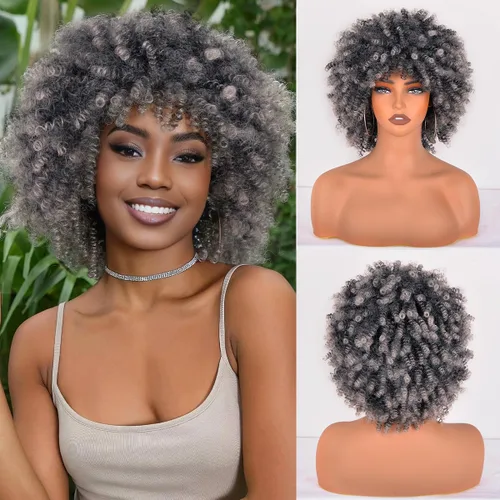 Vista 33 de Vitorish Peluca corta afro rizada con flequillo para mujeres negras, peluca sintética resistente al calor, color negro natural, para uso diario