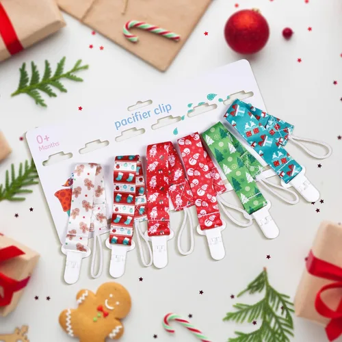 Vista 4 de Pinza para chupete para bebé, correa Paci, clips para bebés, niños y niñas, artículos esenciales para recién nacidos, paquete de 6 unidades (Navidad)