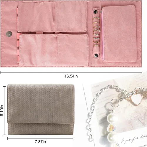 Vista 4 de DONGZHI Estuche organizador de viaje de joyería para mujer, bolsa plegable para anillos, collares, aretes, pulseras, mini, pequeño (gris)