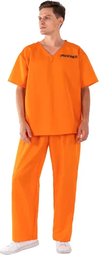 Vista 2 de Disfraz de prisionero para adultos, overol naranja de convicto para cosplay, camisa y pantalón, disfraz para hombres y mujeres