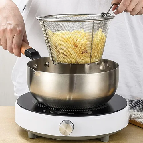 Vista 2 de YARNOW Cesta plegable de acero inoxidable de 10.23 pulgadas con mango largo ergonómico para freír profundamente el aceite y colar alimentos