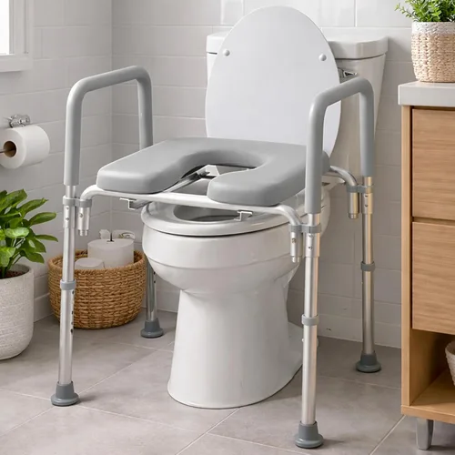 Vista 9 de Ultimate - Asiento de inodoro elevado con asas, cómoda para mesita de noche, reposabrazos acolchados, altura ajustable, asiento de inodoro elevado