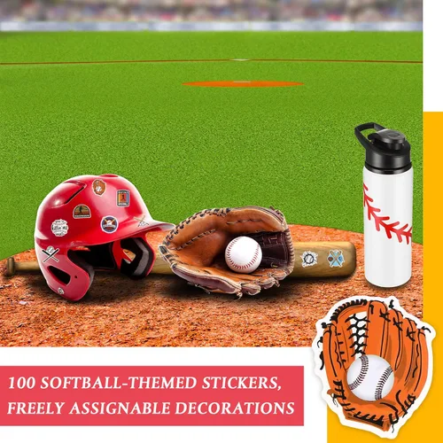 Vista 5 de Gerrii 12 botellas de agua de béisbol a granel de 20 onzas con tapa a presión, botellas reutilizables, 100 calcomanías, calcomanías de premio