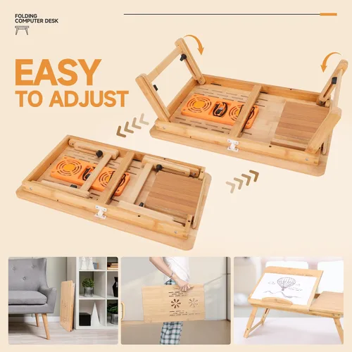 Vista 7 de JELNER Escritorio de bambú ajustable para laptop con ventilador de refrigeración, bandeja de cama plegable para desayuno, escritura y dibujo