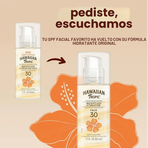 Vista 3 de Loción protector solar Hawaiian Tropic Weightless Hydration SPF 30 para rostro, 1.7 oz Loción protector solar de tamaño para viajar, elementos