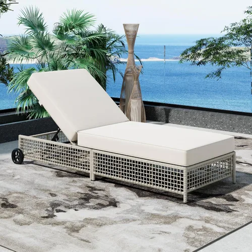 Vista 23 de Tumbona reclinable para patio al aire libre con respaldo ajustable de 5 posiciones y mesa auxiliar de madera, silla lounge para todo tipo de clima