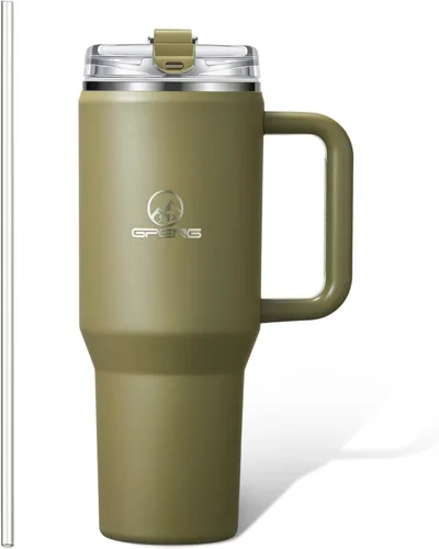 Vista 8 de Gpeng 30/40/50 oz Vaso con asa, botellas de agua con tapa de popote, taza de viaje de acero inoxidable aislada compatible con portavasos, mantiene