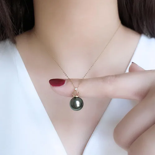 Vista 6 de Collar de perlas negras de Tahití para mujer, joyería fina redonda AAAA+ perlas de 0.394 pulgadas (0.394 in), collar con colgante de perlas, regalo