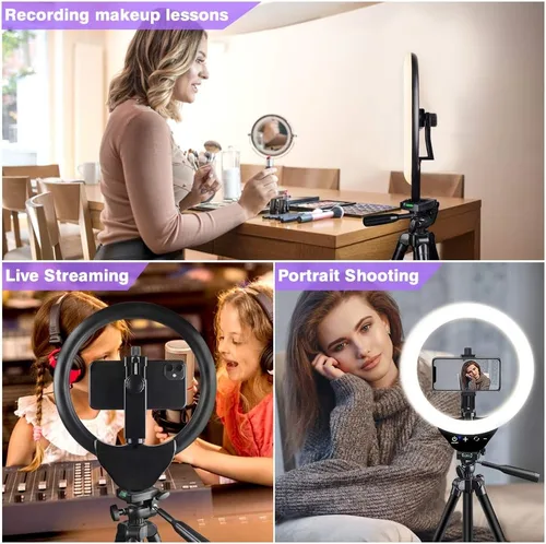 Vista 2 de EICAUS Anillo de luz de 10 pulgadas con soporte y soporte para teléfono, trípode para teléfono celular con luz de anillo y soporte para teléfono