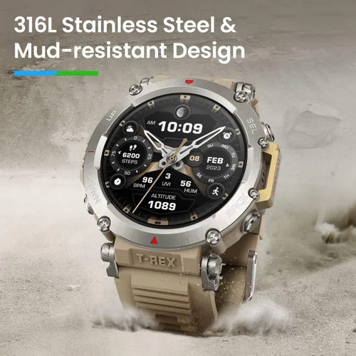 Vista 5 de Amazfit T-Rex - Reloj ultra inteligente de 1.77 pulgadas para hombre, batería de 20 días, apnea de 98.4 ft, GPS de doble banda, resistente al barro