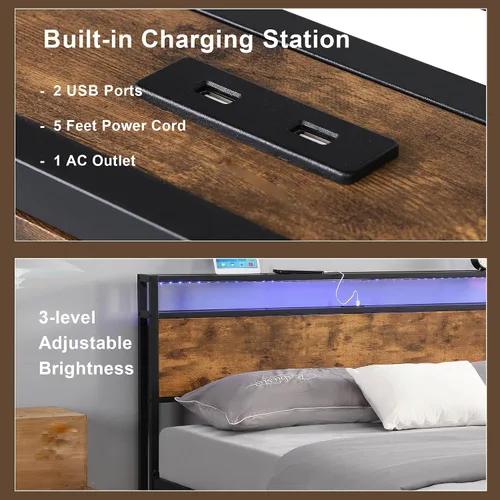 Vista 5 de Base de cama matrimonial con luces LED y 2 puertos USB, marco de cama de metal con estación de carga, marco de cama de granja con almacenamiento