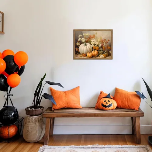 Vista 2 de Arte de pared enmarcado de calabaza de otoño, impresión en lienzo de calabaza blanca y flores de otoño, cosecha rústica de granja, Halloween, Acción