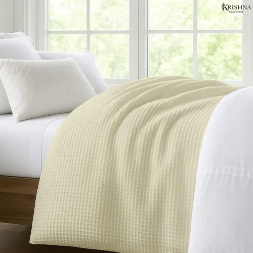 Vista 5 de KRISHNA Manta de cama con tejido de gofre para todas las estaciones, 100% algodón Tencel, suave y transpirable, perfecta para capas, tamaño Marfil