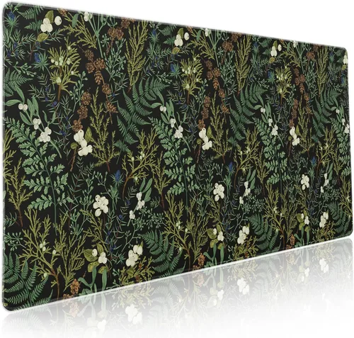 Vista 19 de Alfombrilla de mouse negra estética vintage para juegos botánicos, extendida, bonita planta verde bosque, naturaleza, floral, grande