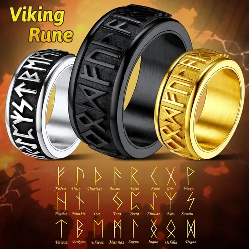 Vista 4 de FaithHeart Anillo de runas giratorias vikingas nórdicas de acero inoxidablechapado en oro, anillos giratorios para hombres y mujeres, puede grabado