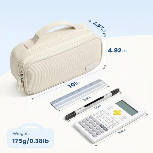 Vista 5 de Sooez Estuche grande para lápices, estuche de pana suave con asa, bonito estuche para bolígrafos, 5 compartimentos, organizador de amplia apertura