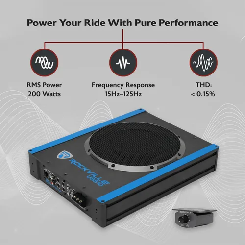 Vista 5 de Rockville USS10 - Subwoofer delgado de 10 pulgadas, 800 W, bajo el asiento, para coche/camión, con amplificador incorporado, entradas de alto nivel