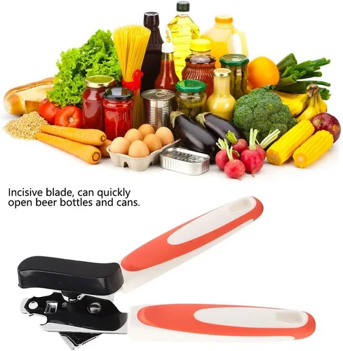 Vista 3 de Fdit Abrelatas multifunción naranja y negro, de acero inoxidable, manual de seguridad, abrelatas de lata, de mano, prácticos, utensilios de cocina