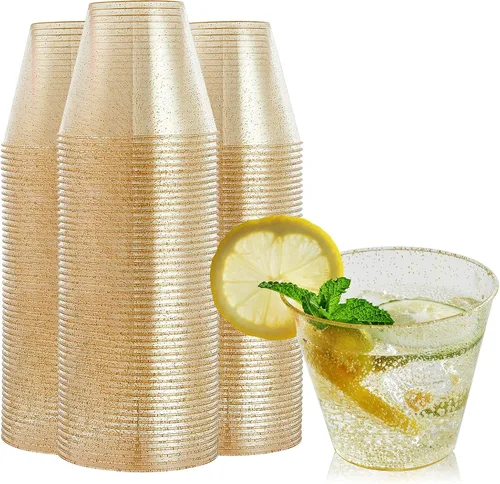 Vista 10 de FOCUSLINE Vasos de plástico dorado de 10 onzas, vasos desechables de plástico duro transparente, borde dorado, resistentes, reutilizables, 100