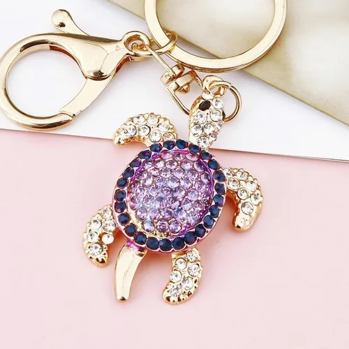 Vista 2 de Bonito llavero con diamantes de imitación de cristal con forma de tortuga mini, llavero brillante, colgante de bolso, bolso, decoración de bolsa