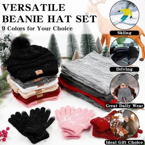 Vista 6 de Winter Beanie Hat Scarf Gloves Set, Soft Fleece Knit Hat Warm Touchscreen Gloves Neck Warmer Thick Scarves Gifts for Women