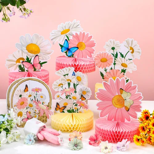 Vista 4 de Hotop 9 piezas de decoración de fiesta de cumpleaños con margaritas y mariposas, centros de mesa de margaritas 3D para mesas, decoración de mesa