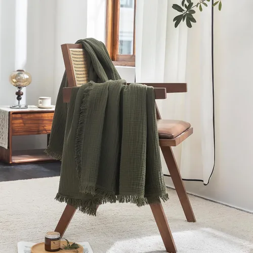 Vista 12 de FOSSA Manta de Muselina con Flecos - Gasa de Algodón 100% de 4 Capas Súper Suave y Transpirable - Manta Decorativa Ligera y Refrescante para Cama
