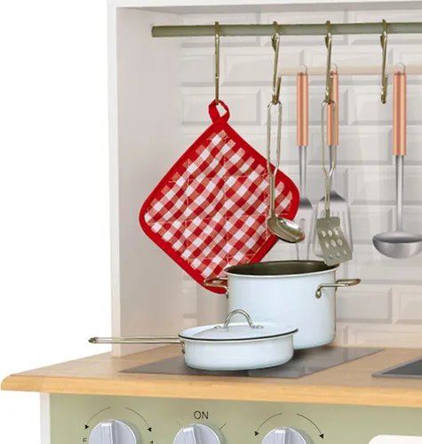 Vista 4 de Teamson Kids Little Chef Juego de cocina de madera – Cocina de simulación verde y blanco para niños con perillas interactivas, puertas y ganchos