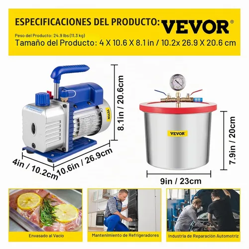 Vista 8 de VEVOR Cámara de vacío con bomba, bomba de vacío de 4CFM 1/3HP con cámara de vacío de alta capacidad de 2 galones, kit de cámara de bomba de vacío
