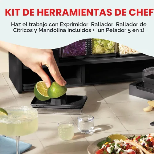 Vista 4 de Prepdeck Estación de almacenamiento y preparación de recetas Gen 2, 8 herramientas esenciales + tabla de cortar de lujo, 14 recipientes de plástico