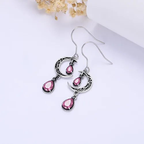 Vista 4 de Aretes de luna para mujer, plata de ley 925, aretes colgantes de luna celta, esmeralda, amatista, rubí, zafiro, rosa, peridoto, aguamarina, citrino