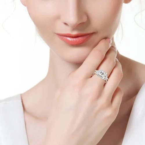 Vista 5 de Moissanite 2CT Princess Cut Halo Split Shank Solitaire Rings,D VVS1 Lab Created Diamond Ring 18K White Gold Plated S925 Sterling Silver Band