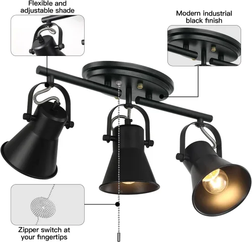 Vista 9 de Iluminación de pista de 3 luces con cadena de tracción, lámpara de techo ajustable negra, accesorios de iluminación de pista giratoria para cocina