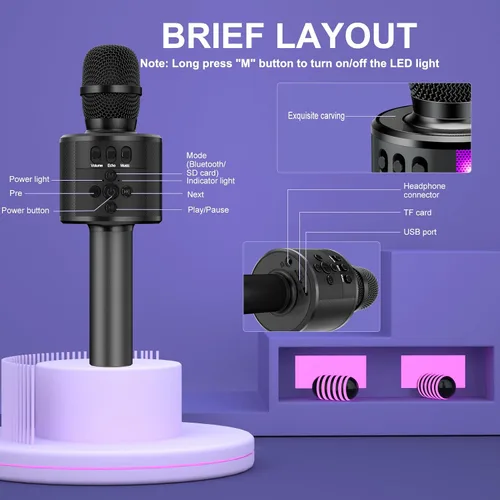Vista 6 de Micrófono de karaoke BONAOK para niños y adultos - micrófonos Bluetooth con luces de disco, efecto eco, altavoz incorporado, reproductor de karaoke