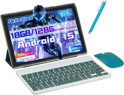 Vista 8 de Tablet Android 15, tabletas 2 en 1 de 10 pulgadas con teclado, 18 GB de RAM 128 GB ROM 2 TB Expand, CPU de cuatro núcleos de 2.0 GHz, 5G WiFi 6