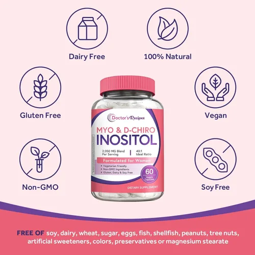 Vista 5 de Doctor's Recipes Suplemento de inositol para mujeres, cápsulas de mio-inositol y D-Chiro inositol de 2050 mg por porción, mezcla ideal 40:1, 60