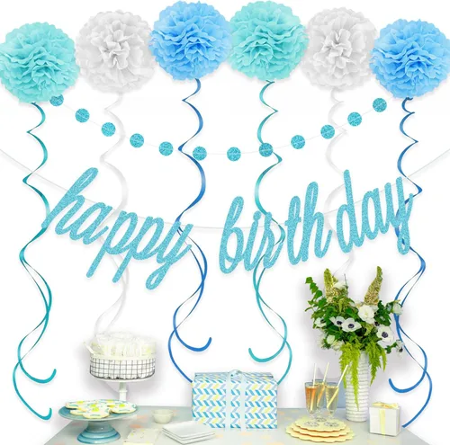 Vista 3 de KOKAR Decoraciones azules de feliz cumpleaños: pancarta azul de feliz cumpleaños, pompones de papel, remolinos colgantes y guirnalda de puntos