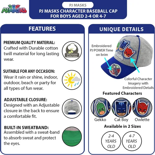 Vista 2 de PJ Masks Gorra de béisbol para niños, Catboy, Owlette, Gekko con ala curvada y cierre a presión (2T-7)
