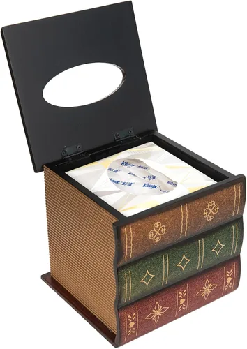 Vista 3 de Caja de pañuelos de madera de diseño clásico retro, cubierta de libro antiguo, dispensador cuadrado, soporte de papel, estuche para servilletas